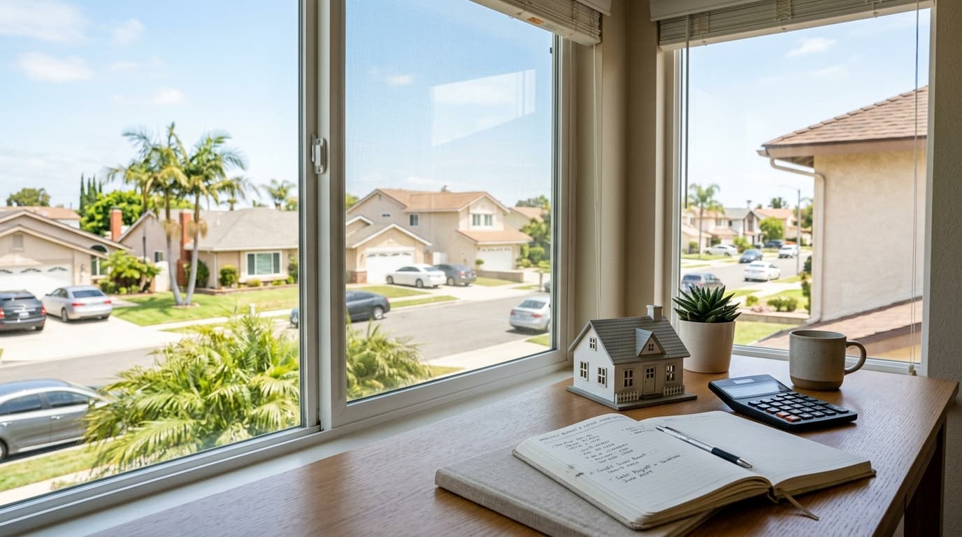A neat desk with a calculator, a notebook of monthly budget notes, and a small model house beside a window