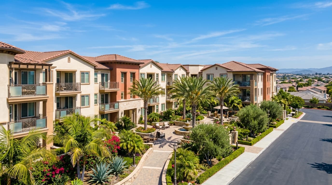 An Orange County multi-family apartment building with balconies, landscaped courtyard, and blue sky