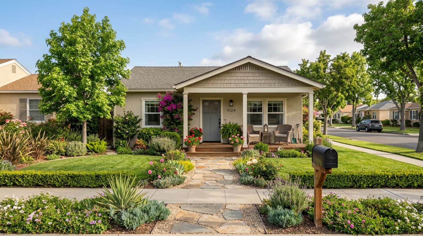 A modest California home with a front porch, a mailbox, and a small garden under clear morning light