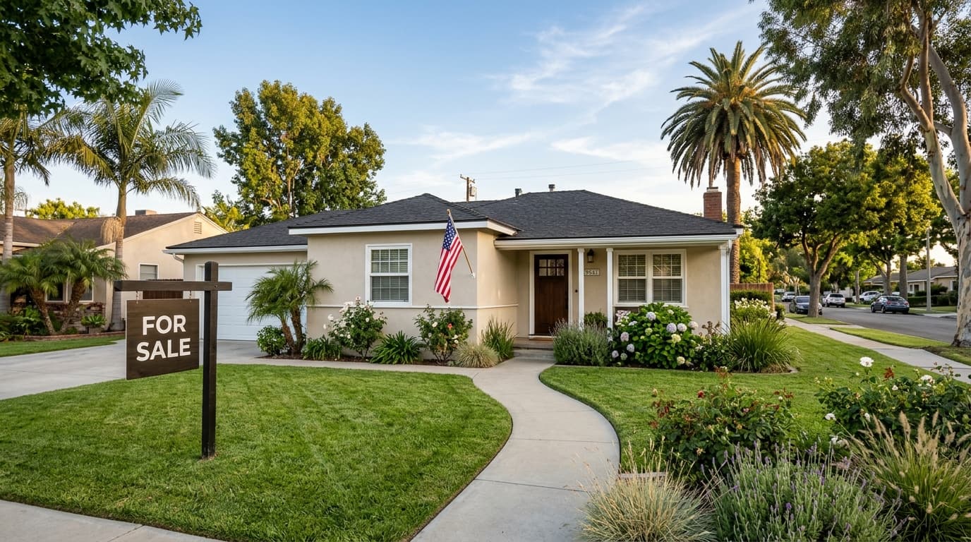 A suburban California house with a small flag by the front door, a tidy lawn, and a for-sale sign in the yard