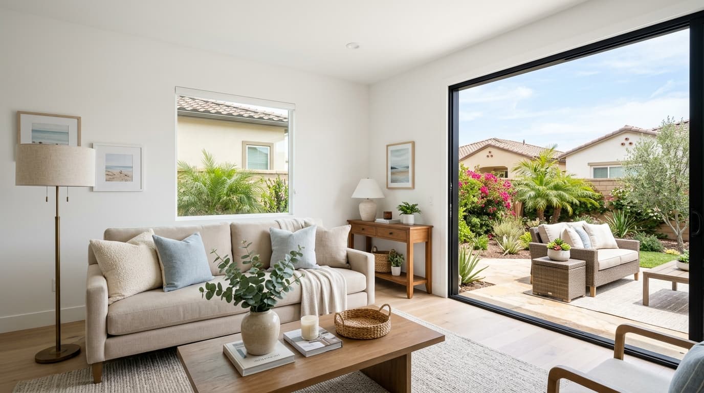 A bright, neatly staged living room with neutral sofa, warm lamps, and an open window overlooking a tidy California patio