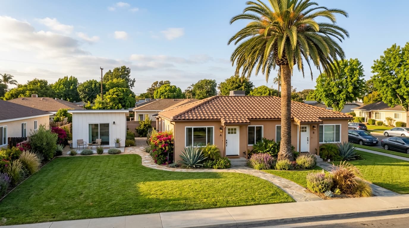 A California duplex with a small backyard accessory dwelling unit, a tidy lawn, and a palm tree in warm afternoon light