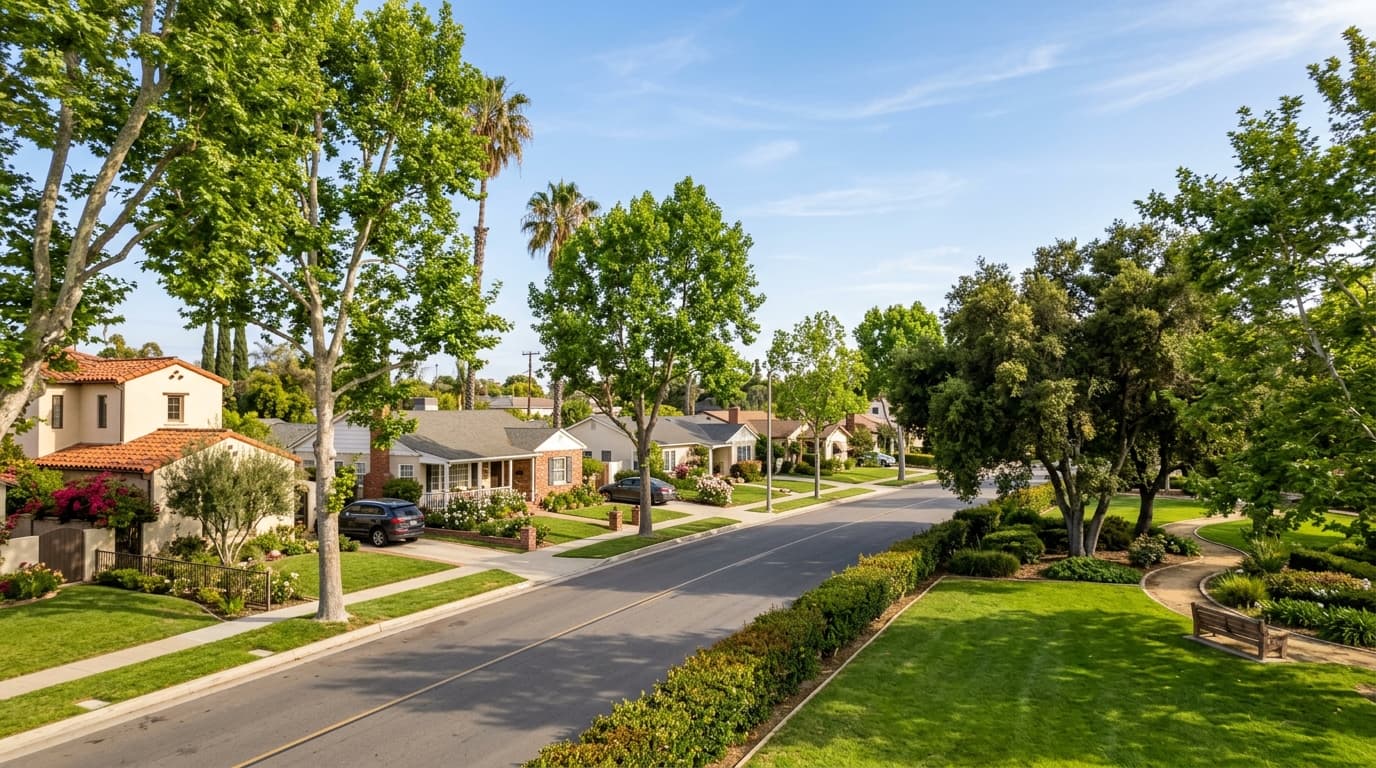 Tree-lined residential street with a mix of single-family homes and a small neighborhood park in Orange County