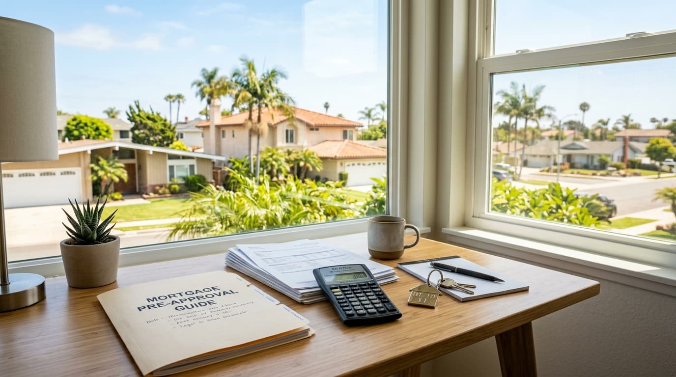 A tidy desk with a folder of documents, a calculator, and a house-shaped key ring beside a sunny window