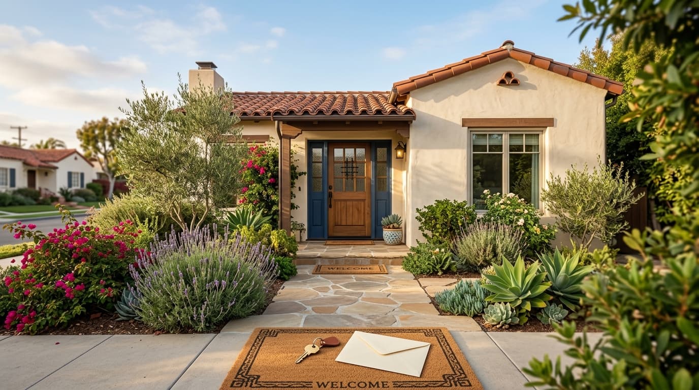 A front door of a Southern California home with a welcome mat, a house key, and a sealed envelope on the doorstep