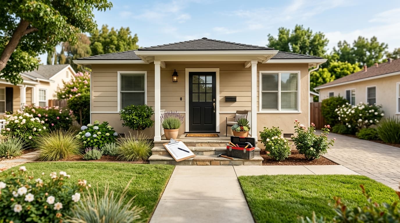 A tidy front entry of a California home with a clipboard-style checklist and toolbox resting on the porch steps